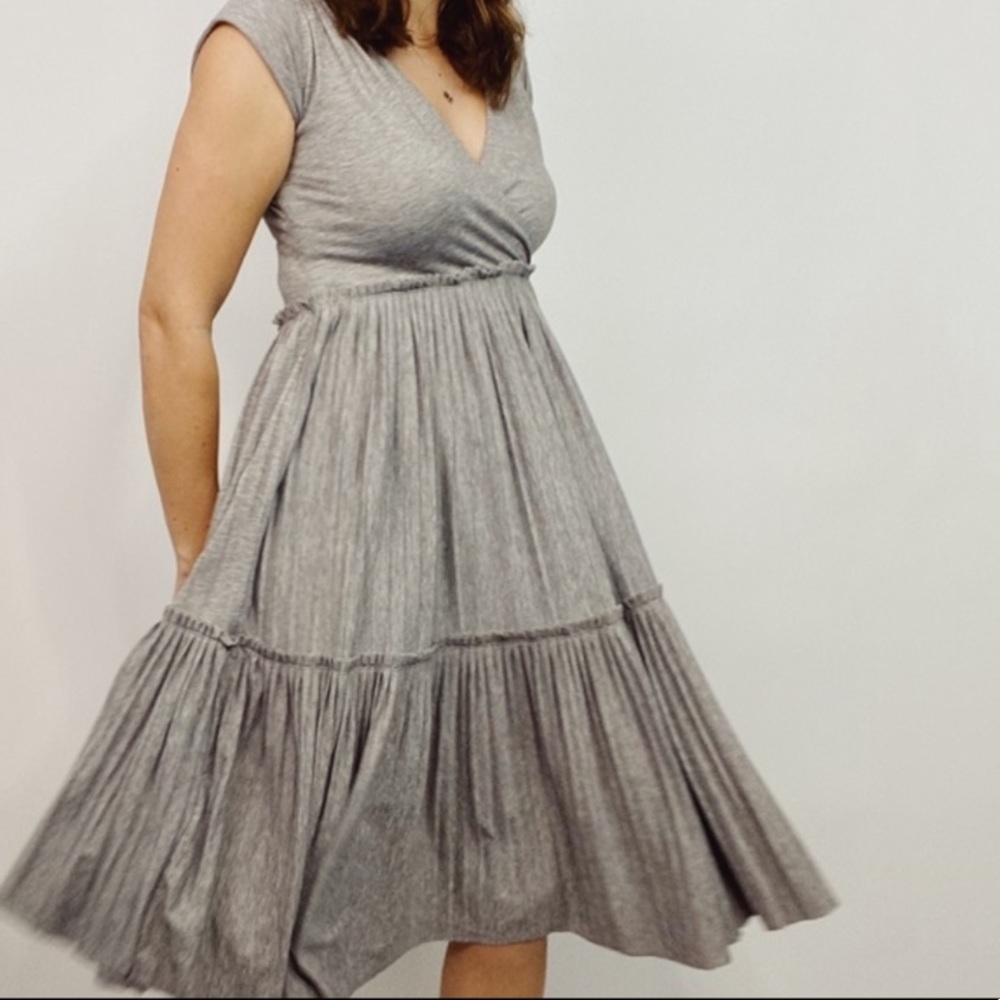 Sundance Grey V-neck Pleated Midi Dress